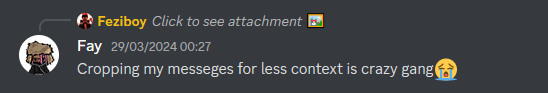Fay 29/03/2024 00:27 Cropping my messeges for less context is crazy gang