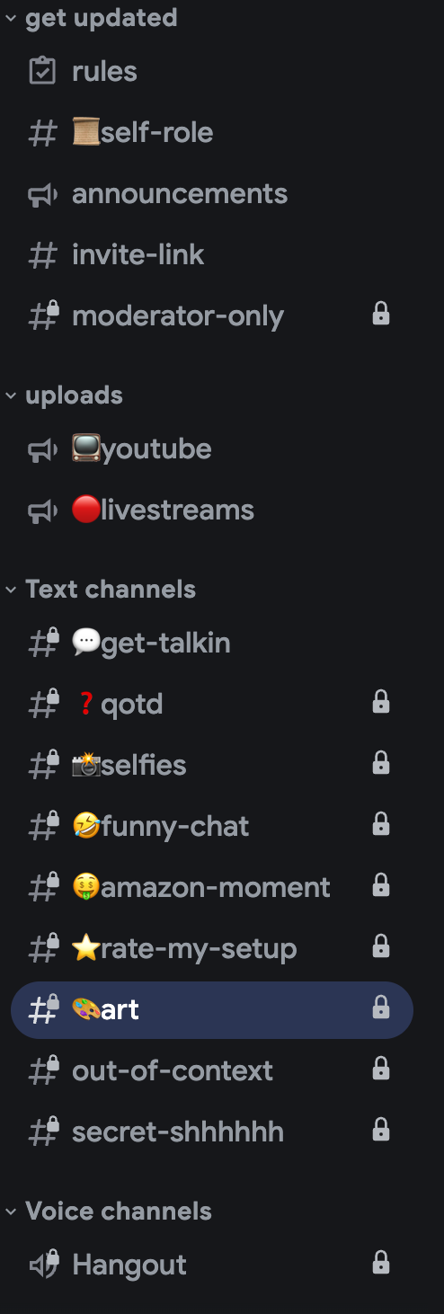 a list of discord channels, a majority of them being locked